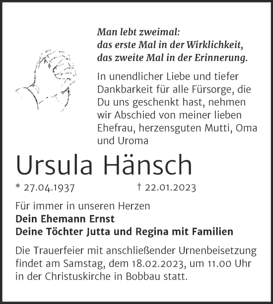 Traueranzeige von Ursula Hänsch von Trauerkombi Bitterfeld
