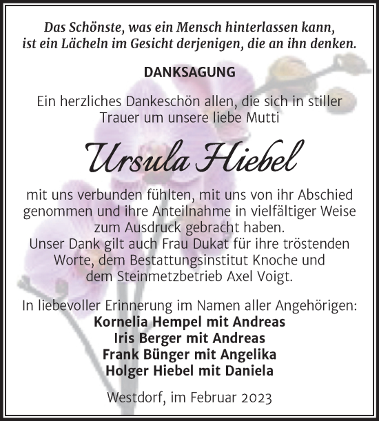 Traueranzeige von Ursula Hiebel von Trauerkombi Aschersleben