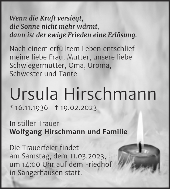 Traueranzeige von Ursula Hirschmann von Trauerkombi Sangerhausen