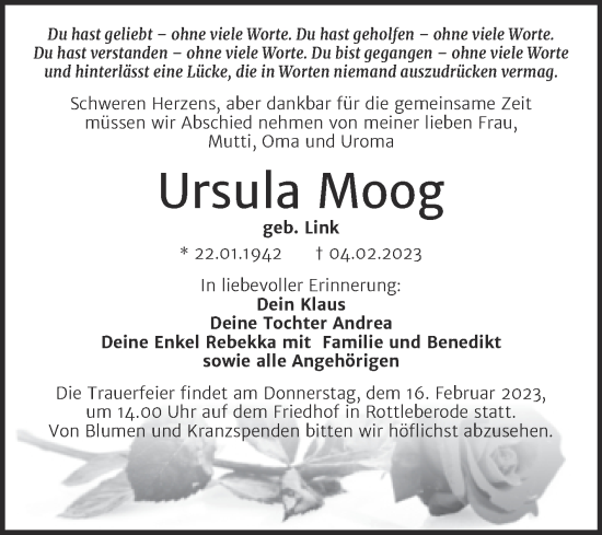 Traueranzeige von Ursula Moog von Trauerkombi Sangerhausen
