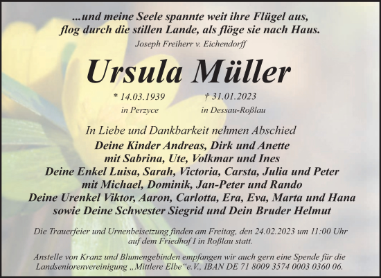 Traueranzeige von Ursula Müller von Trauerkombi Dessau