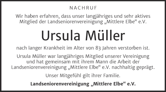 Traueranzeige von Ursula Müller von Super Sonntag Dessau-Roßlau