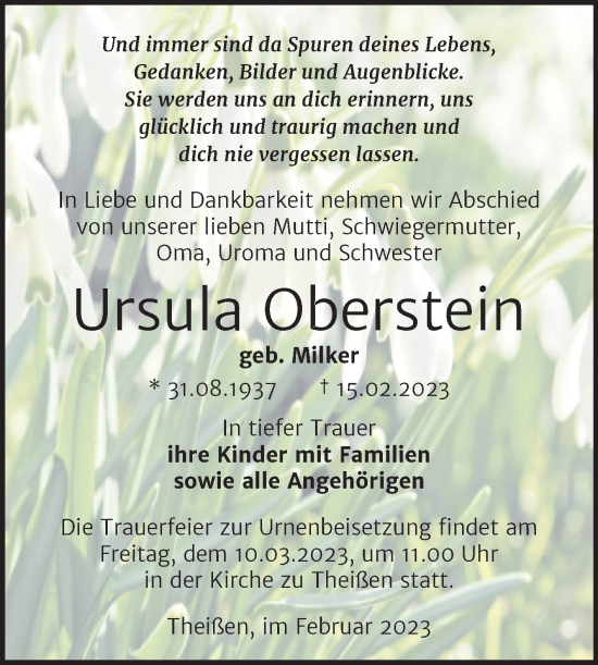 Traueranzeige von Ursula Oberstein von Trauerkombi Zeitz