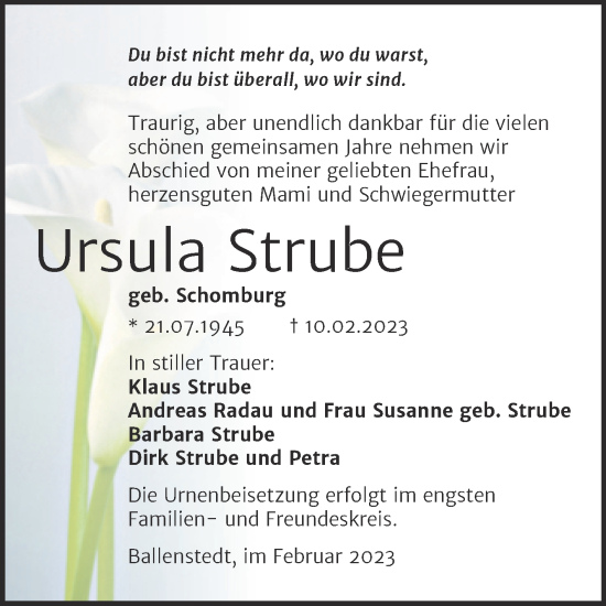 Traueranzeige von Ursula Strube von Trauerkombi Quedlinburg