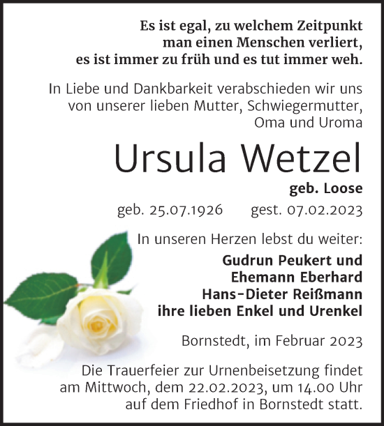 Traueranzeige von Ursula Wetzel von Trauerkombi Mansfelder Land