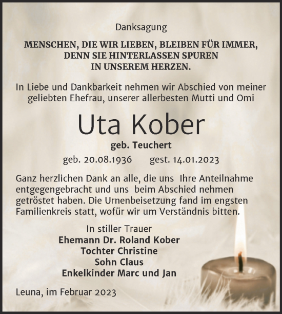 Traueranzeige von Uta Kober von Trauerkombi Merseburg