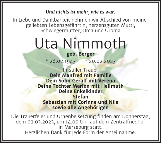 Traueranzeige von Uta Nimmoth von Trauerkombi Merseburg