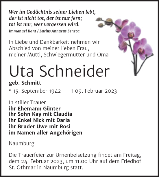 Traueranzeige von Uta Schneider von Wochenspiegel Naumburg/Nebra