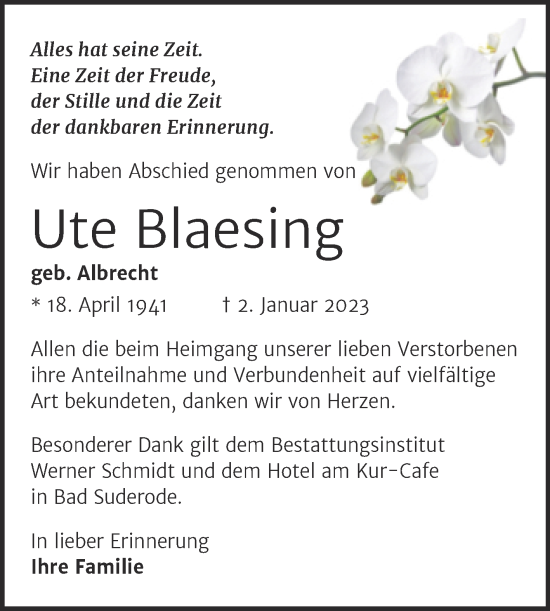 Traueranzeige von Ute Blaesing von Trauerkombi Quedlinburg