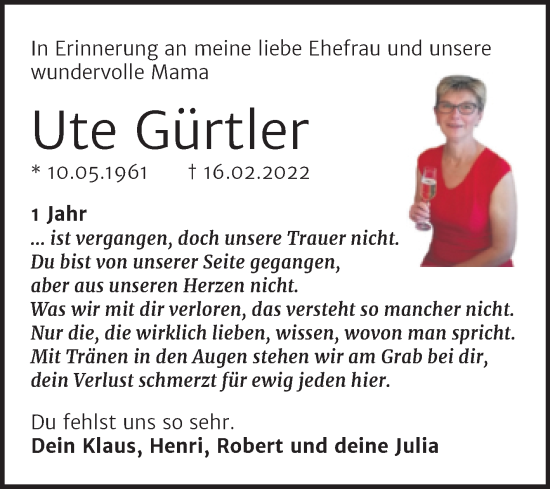 Traueranzeige von Ute Gürtler von Trauerkombi Bernburg
