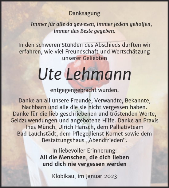Traueranzeige von Ute Lehmann von Trauerkombi Merseburg
