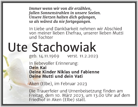Traueranzeige von Ute Stachowiak von Trauerkombi Köthen