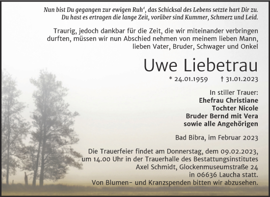 Traueranzeige von Uwe Liebetrau von Naumburger Tageblatt
