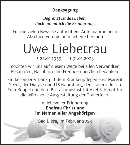 Traueranzeige von Uwe Liebetrau von Wochenspiegel Naumburg/Nebra