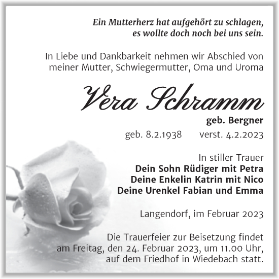 Traueranzeige von Vera Schramm von Trauerkombi Weißenfels
