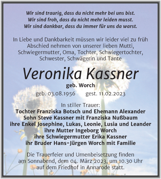 Traueranzeige von Veronika Kassner von Trauerkombi Mansfelder Land