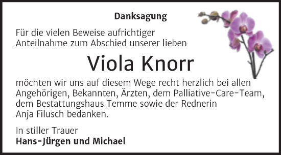Traueranzeige von Viola Knorr von Trauerkombi Bitterfeld