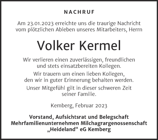 Traueranzeige von Volker Kermel von Super Sonntag Wittenberg