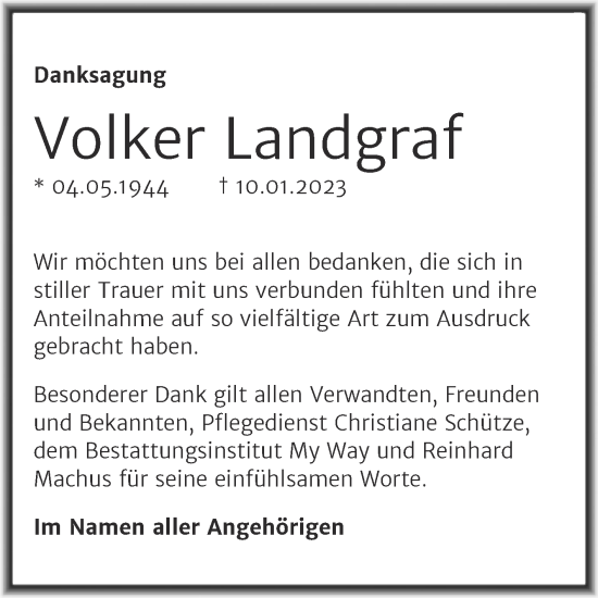 Traueranzeige von Volker Landgraf von Trauerkombi Weißenfels