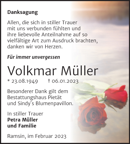 Traueranzeige von Volkmar Müller von Trauerkombi Bitterfeld
