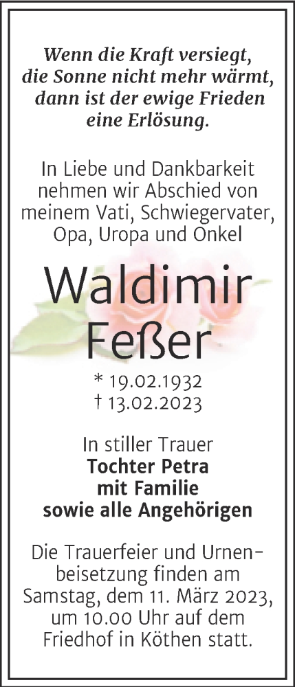 Traueranzeige von Waldimir Feßer von Trauerkombi Köthen