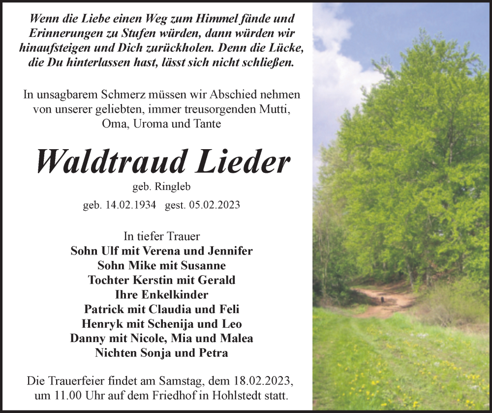  Traueranzeige für Waldtraud Lieder vom 10.02.2023 aus Trauerkombi Sangerhausen
