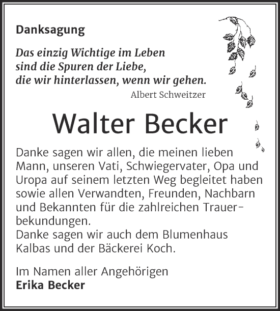Traueranzeige von Walter Becker von Mitteldeutsche Zeitung Merseburg/Querfurt