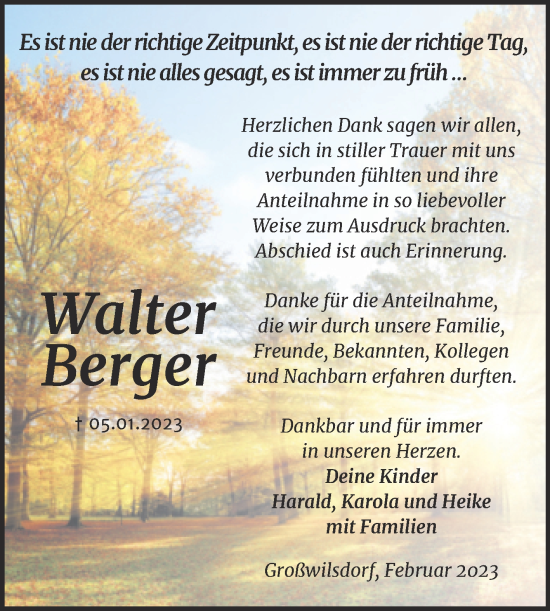 Traueranzeige von Walter Berger von Wochenspiegel Naumburg/Nebra