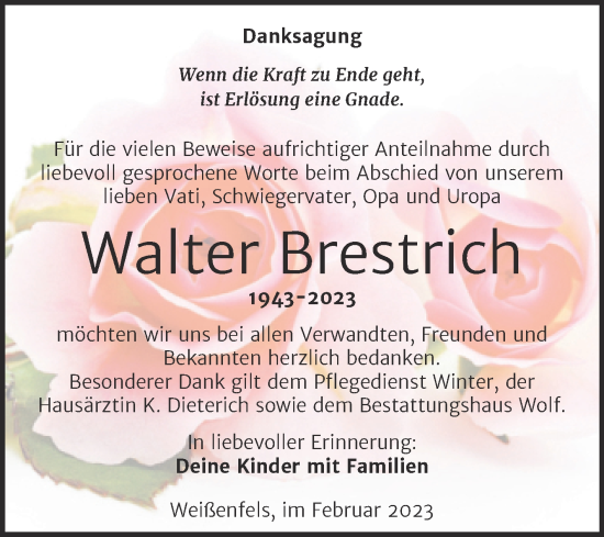 Traueranzeige von Walter Brestrich von Trauerkombi Weißenfels