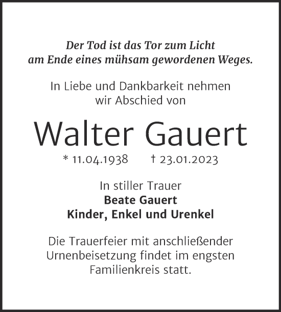 Traueranzeige von Walter Gauert von Trauerkombi Wittenberg