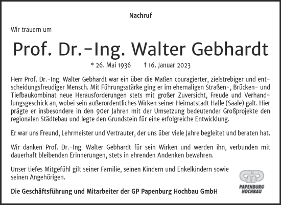 Traueranzeige von Walter Gebhardt von Mitteldeutsche Zeitung Halle/Saalkreis