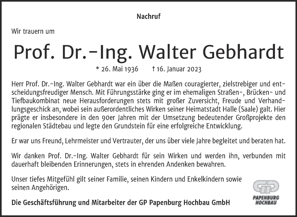  Traueranzeige für Walter Gebhardt vom 11.02.2023 aus Mitteldeutsche Zeitung Halle/Saalkreis