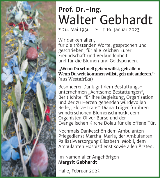 Traueranzeige von Walter Gebhardt von Mitteldeutsche Zeitung Halle/Saalkreis