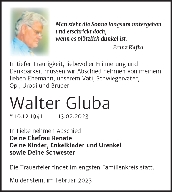 Traueranzeige von Walter Gluba von Trauerkombi Bitterfeld