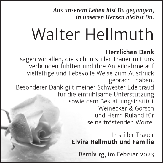 Traueranzeige von Walter Hellmuth von Trauerkombi Bernburg