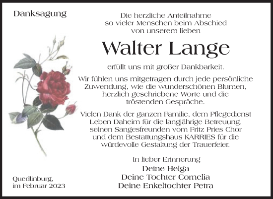 Traueranzeige von Walter Lange von Trauerkombi Quedlinburg