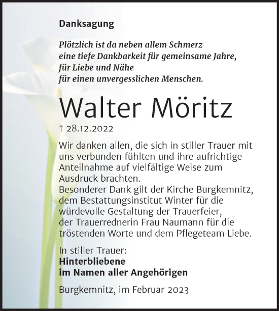 Traueranzeige von Walter Möritz von Trauerkombi Bitterfeld