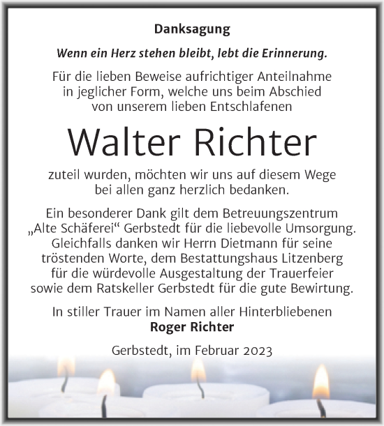 Traueranzeige von Walter Richter von Trauerkombi Mansfelder Land