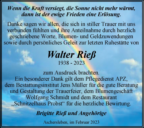 Traueranzeige von Walter Rieß von Trauerkombi Aschersleben