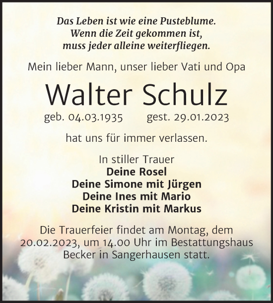 Traueranzeige von Walter Schulz von Trauerkombi Sangerhausen