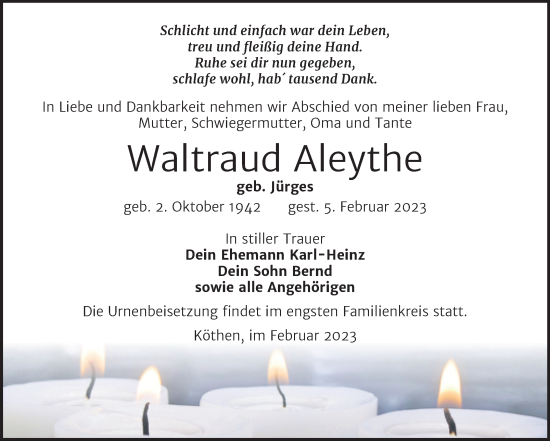 Traueranzeige von Waltraud Aleythe von Trauerkombi Köthen