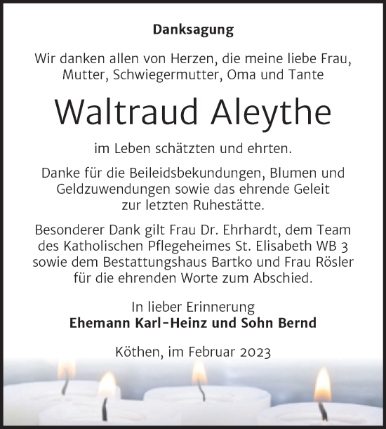 Traueranzeige von Waltraud Aleythe von Trauerkombi Köthen