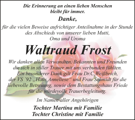 Traueranzeige von Waltraud Frost von Trauerkombi Bitterfeld