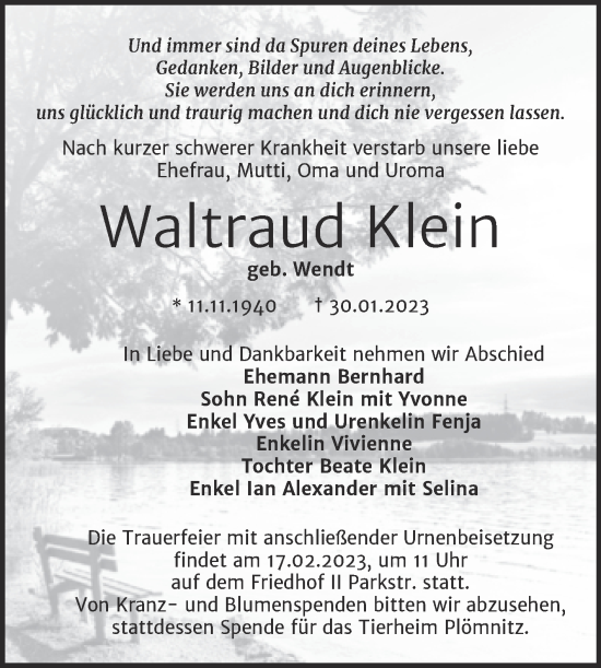 Traueranzeige von Waltraud Klein von Trauerkombi Bernburg