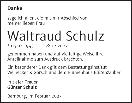 Traueranzeige von Waltraud Schulz von Trauerkombi Bernburg