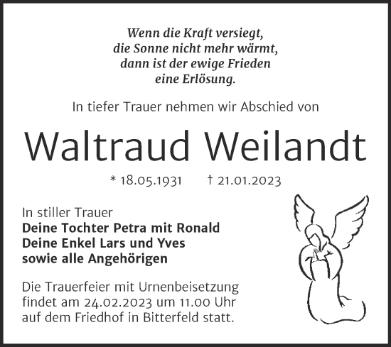 Traueranzeige von Waltraud Weilandt von Trauerkombi Bitterfeld