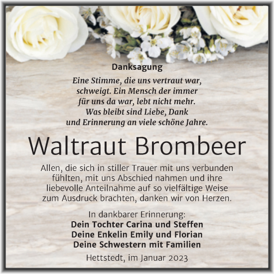 Traueranzeige von Waltraut Brombeer von Trauerkombi Mansfelder Land