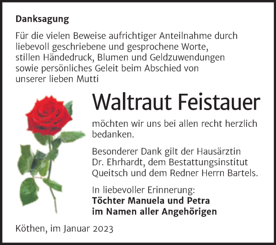 Traueranzeige von Waltraut Feistauer von Trauerkombi Köthen