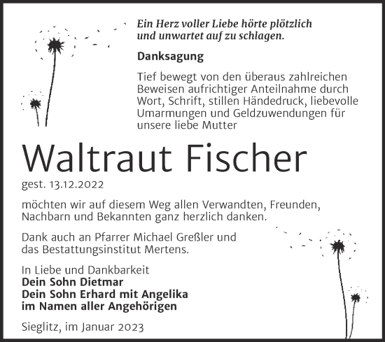 Traueranzeige von Waltraut Fischer von Wochenspiegel Naumburg/Nebra