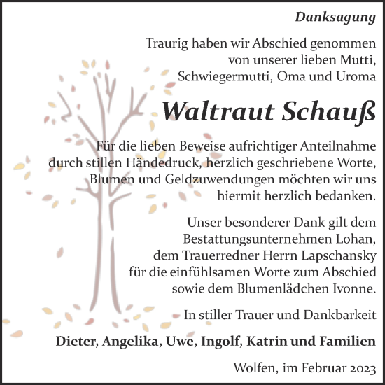 Traueranzeige von Waltraut Schauß von Trauerkombi Bitterfeld